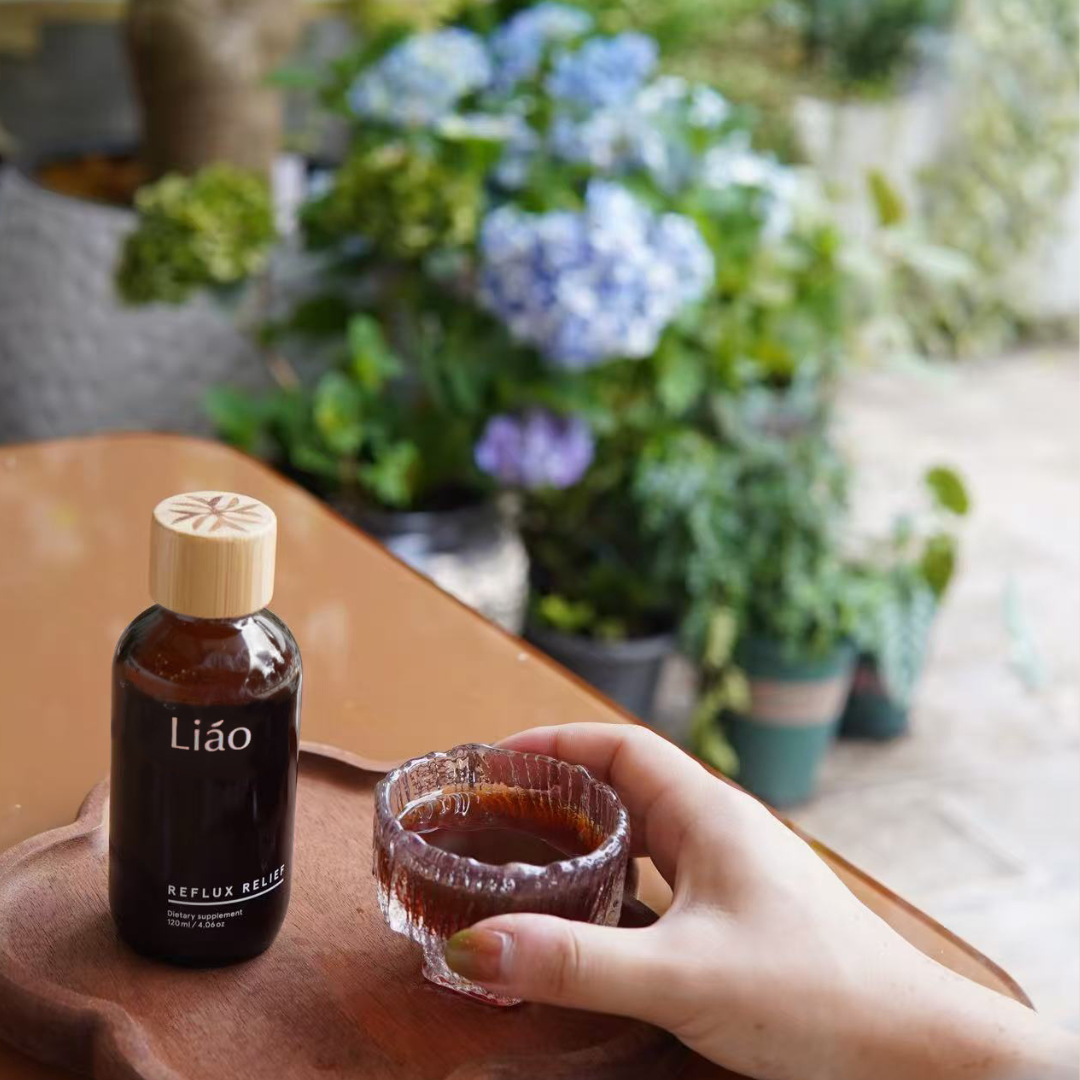 Liao Reflux Relief formula with traditional Chinese herbs Xuan Fu Hua, Gan Cao, and Dai Zhe Shi