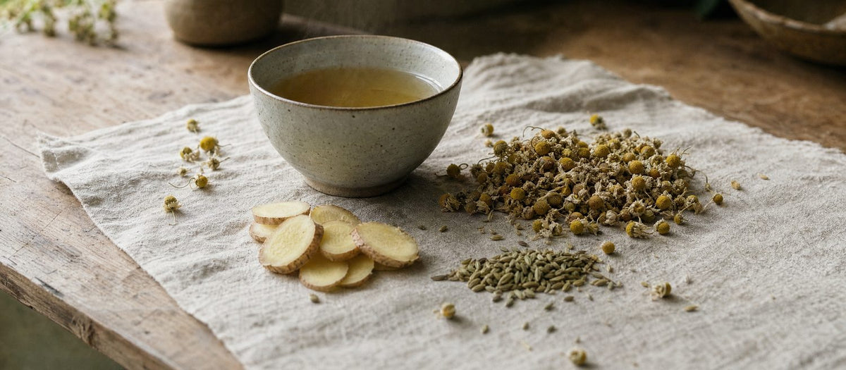 Loose chamomile flowers, sliced fresh ginger and fennel seed beside a warm cup of herbal tea on a linen surface.