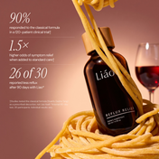 Liao bottle wrapped in pasta next to red wine, with the clinical trial results and 26 of 30 reporting less reflux