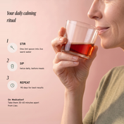 Woman sipping Liao from a glass, with the three step ritual: stir, sip, repeat