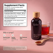 Liao Supplement Facts label beside the bottle, a glass and the measuring spoon