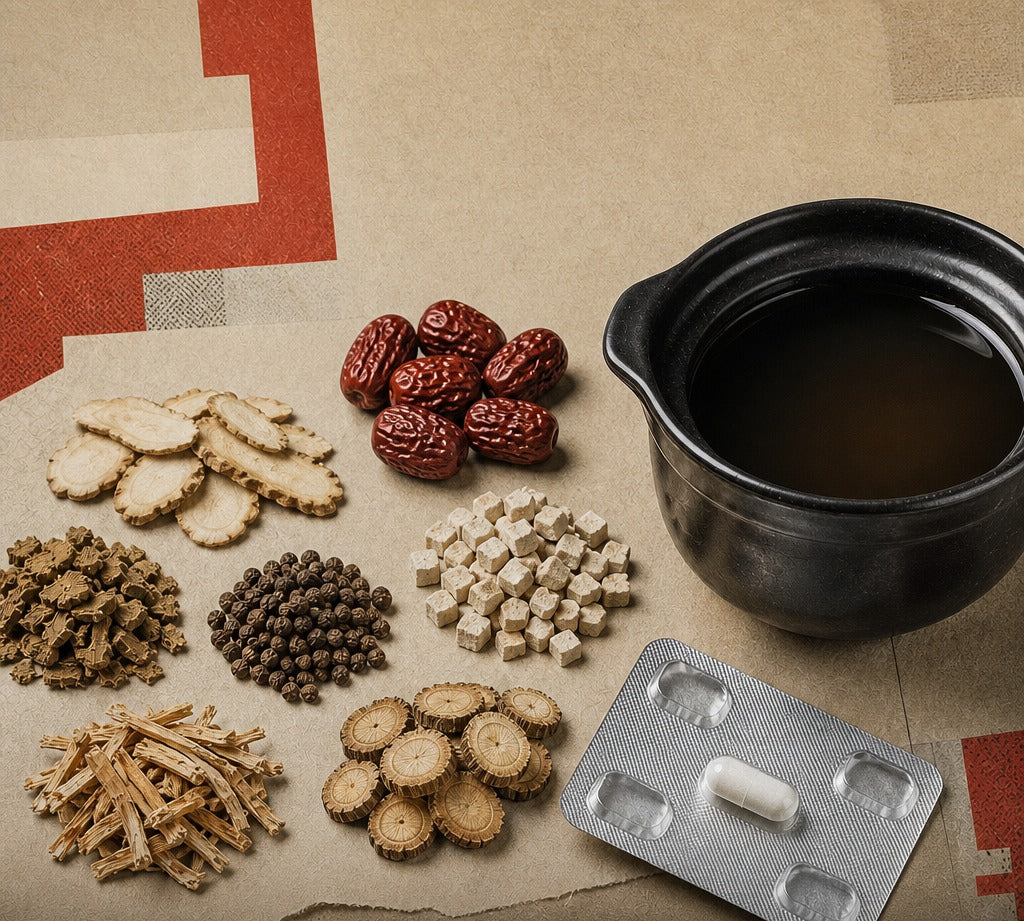 Seven traditional Chinese herb portions and a decoction pot beside a blister pack of prescription capsules