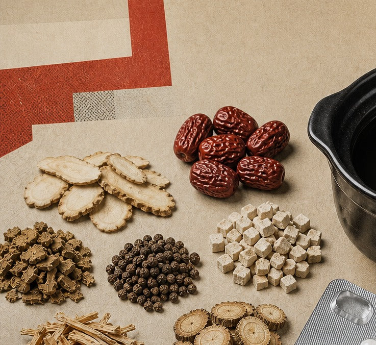 Seven separate traditional Chinese ingredient portions weighed out beside a decoction pot